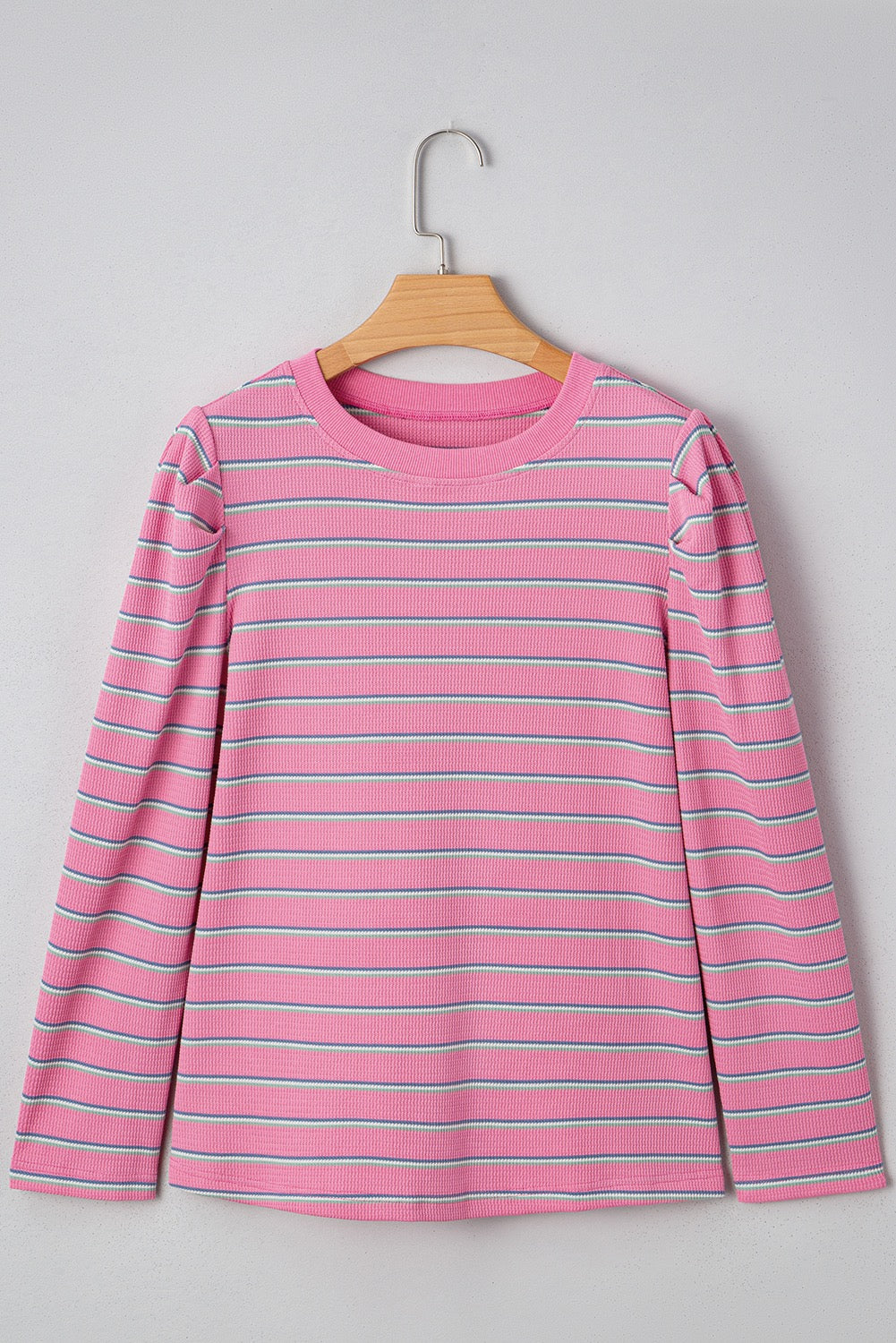 Rose Stripe Textured Knit Round Neck Top