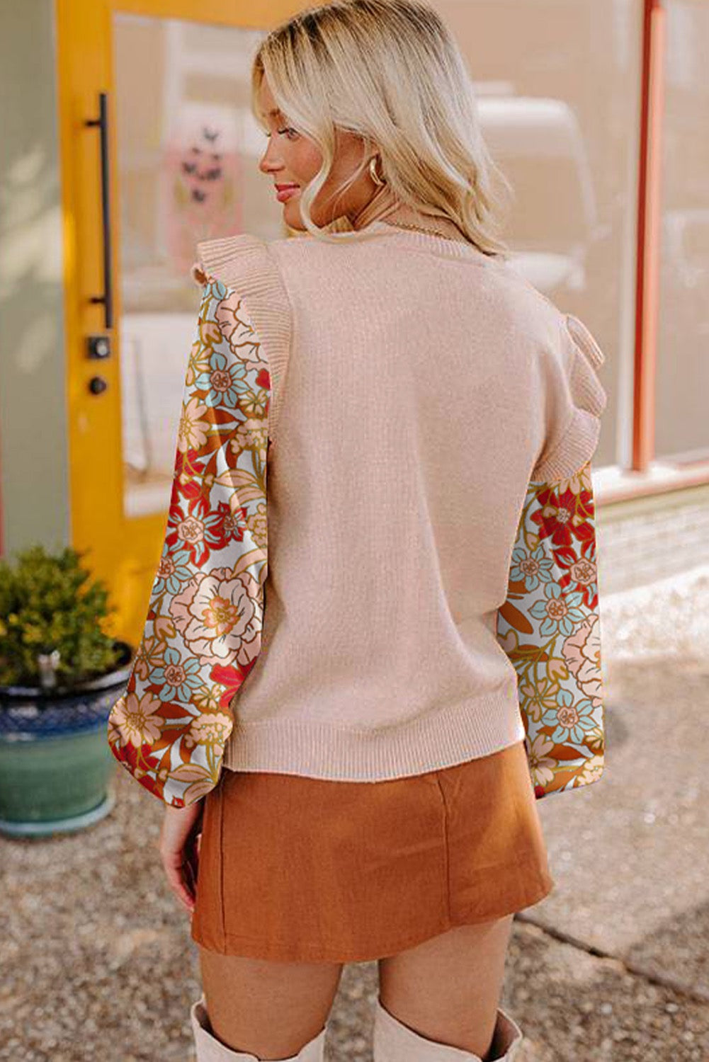 Cable Knit Ruffle Detail Contrast Floral Sleeve Patchwork Top