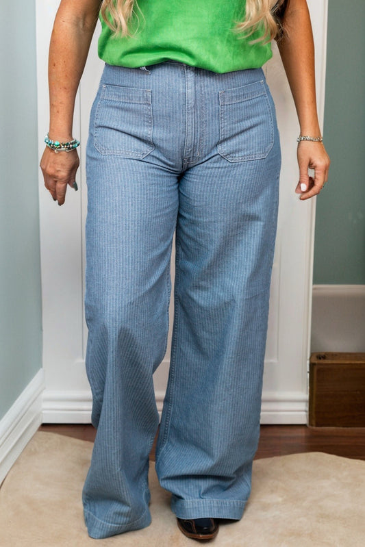 Dusk Blue Patched Pocket Textured Wide Leg Jeans
