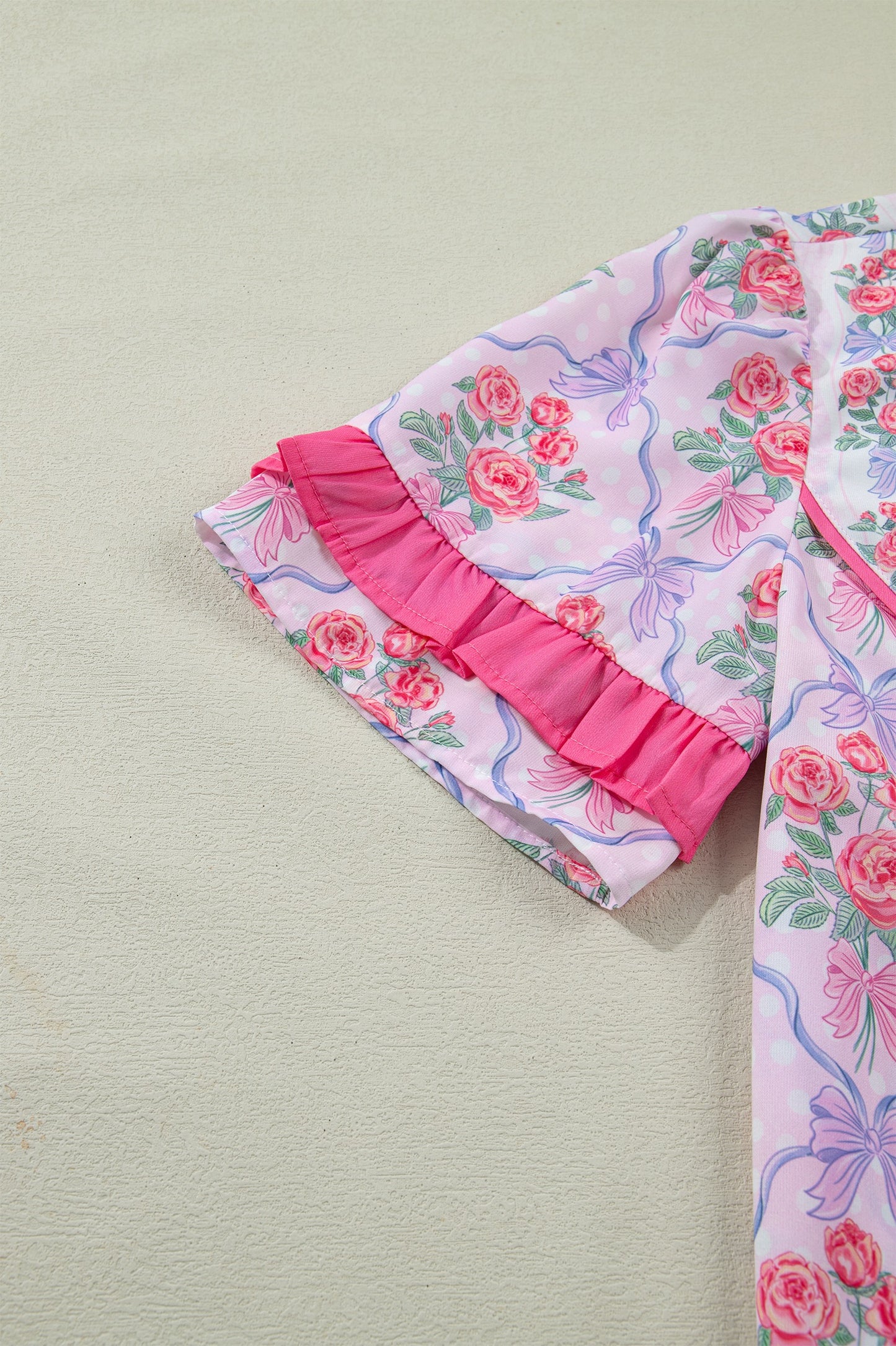 Purple Floral Bow Printed Contrast Ruffled Short Sleeve Blouse