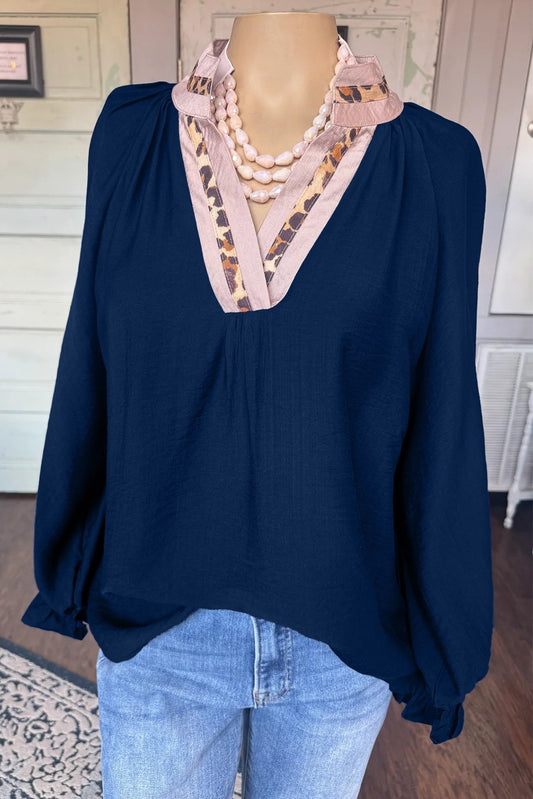 Navy Blue Contrast Leopard Patchwork Collar Plus Size Long Flounce Sleeve Blouse