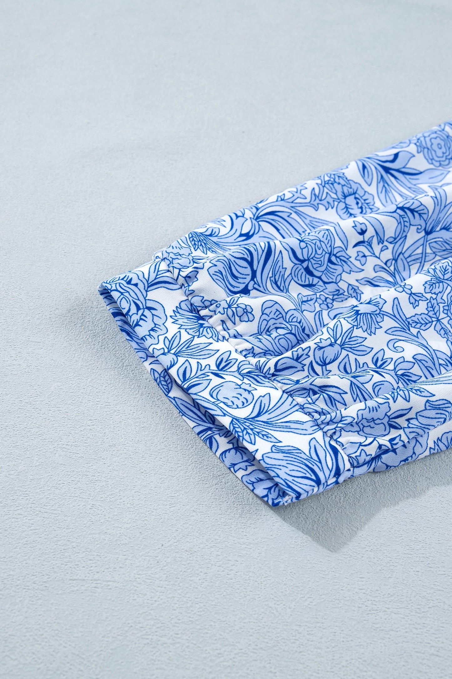 Sky Blue Square Neck Short Puff Sleeve Pleated Floral Blouse