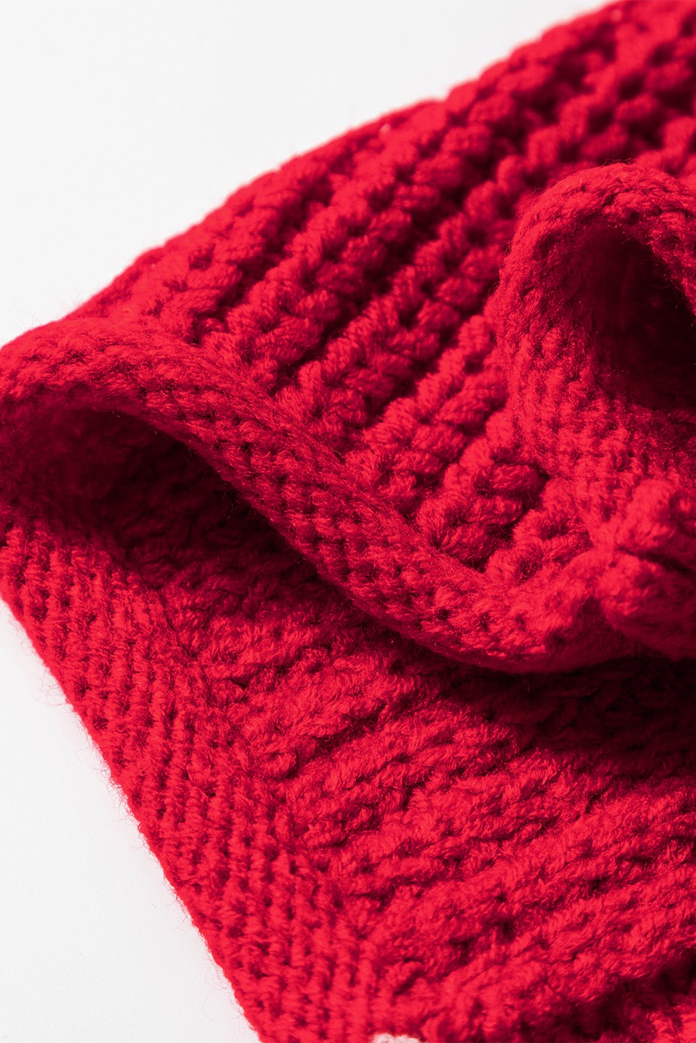Racing Red Color Contrast Trim Textured Knit Drawstring Hooded Sweater