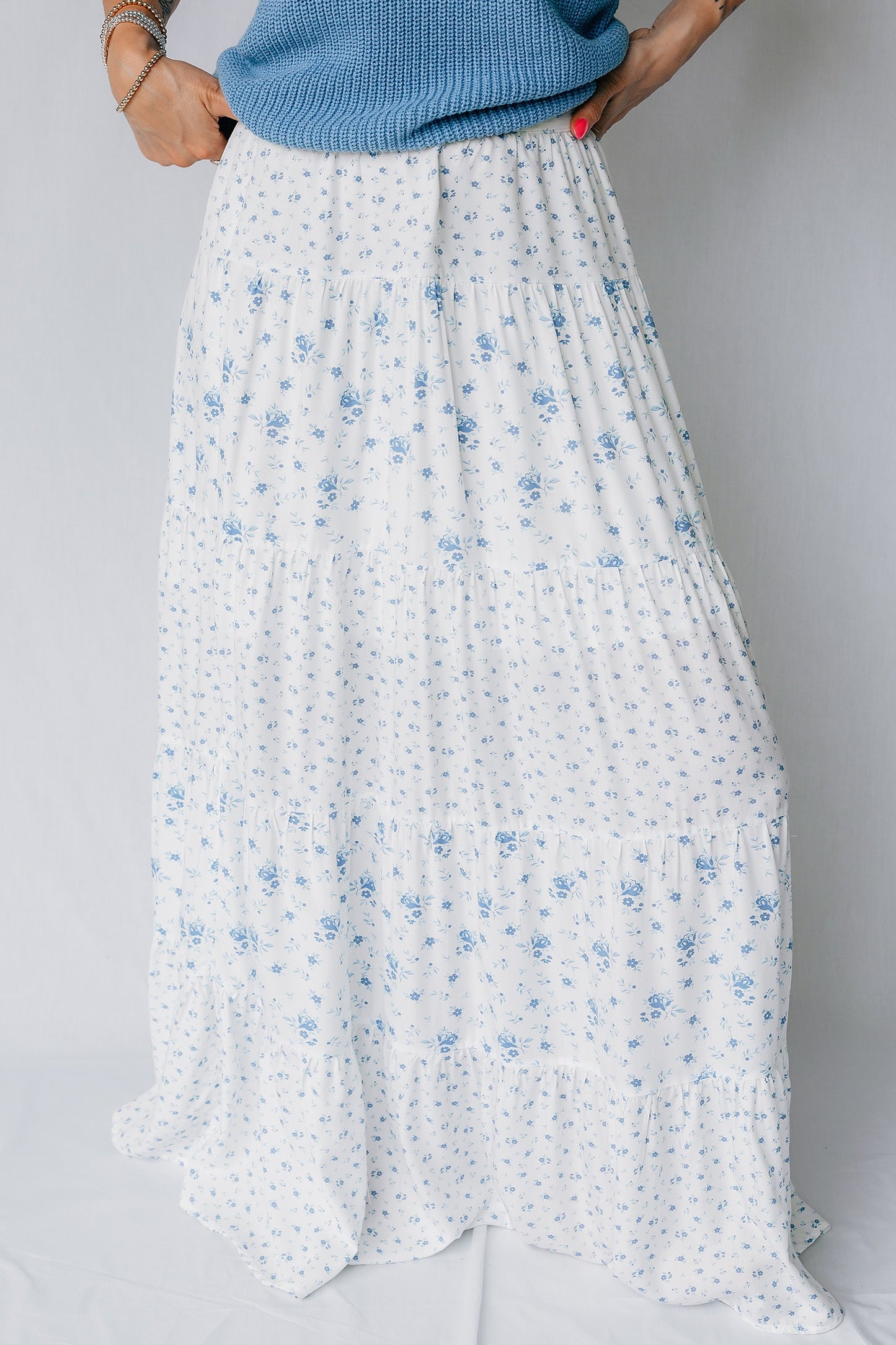 Blue High Waist Tiny Floral Print Boho Maxi Skirt