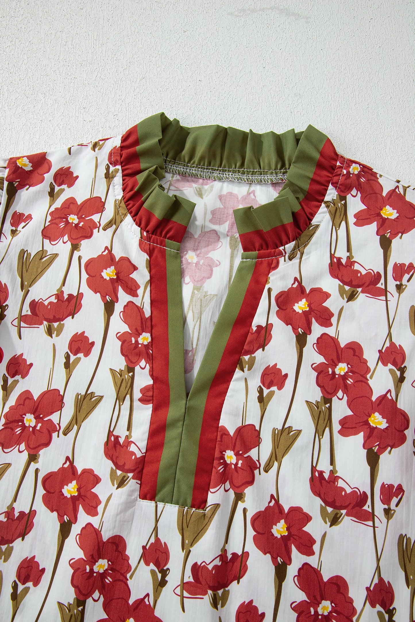 Red Floral Print Contrast Trim V Neck Double Ruffled Short SleeveTop