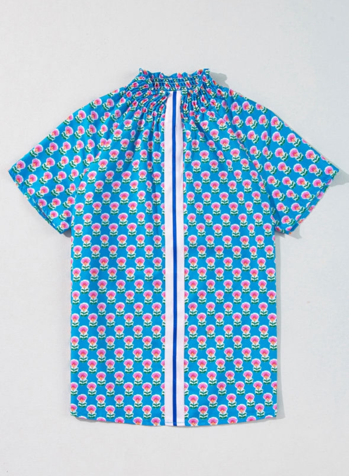 Blue Floral Stand Neck Short Skeeve Blouse