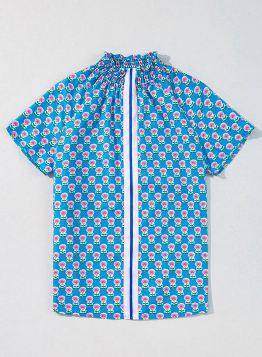 Blue Floral Stand Neck Short Skeeve Blouse