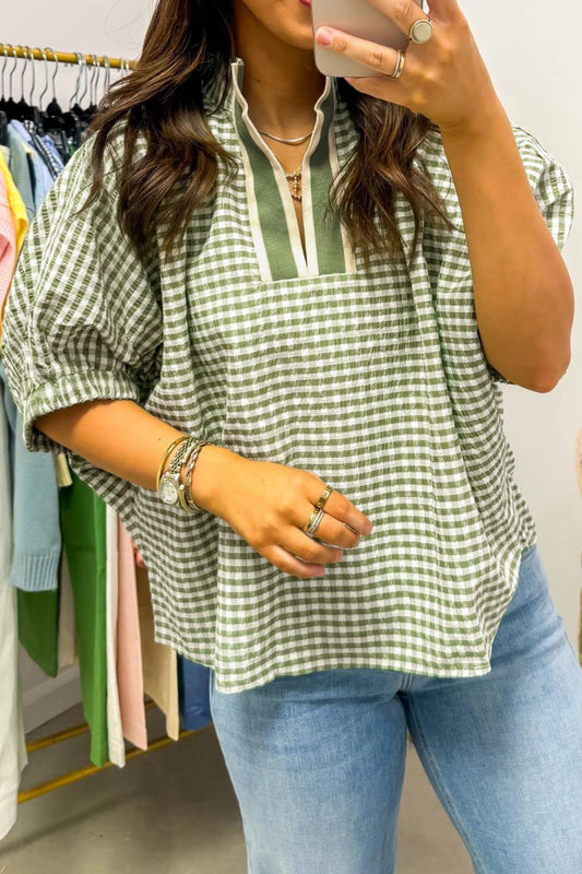 Green Plaid Short Sleeve Colorblock Trim Blouse