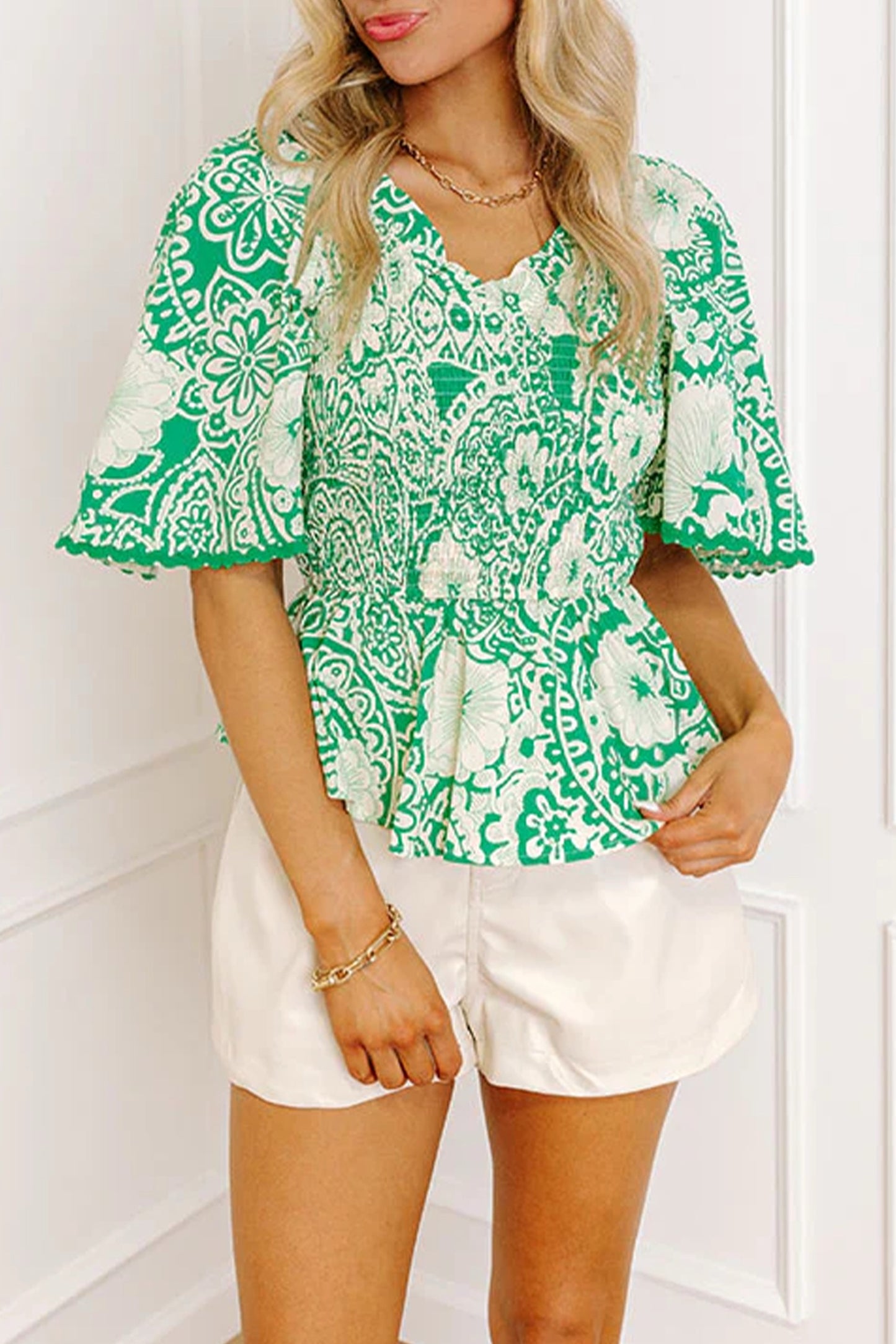 Green Flirty Floral Smocked V Neck Top
