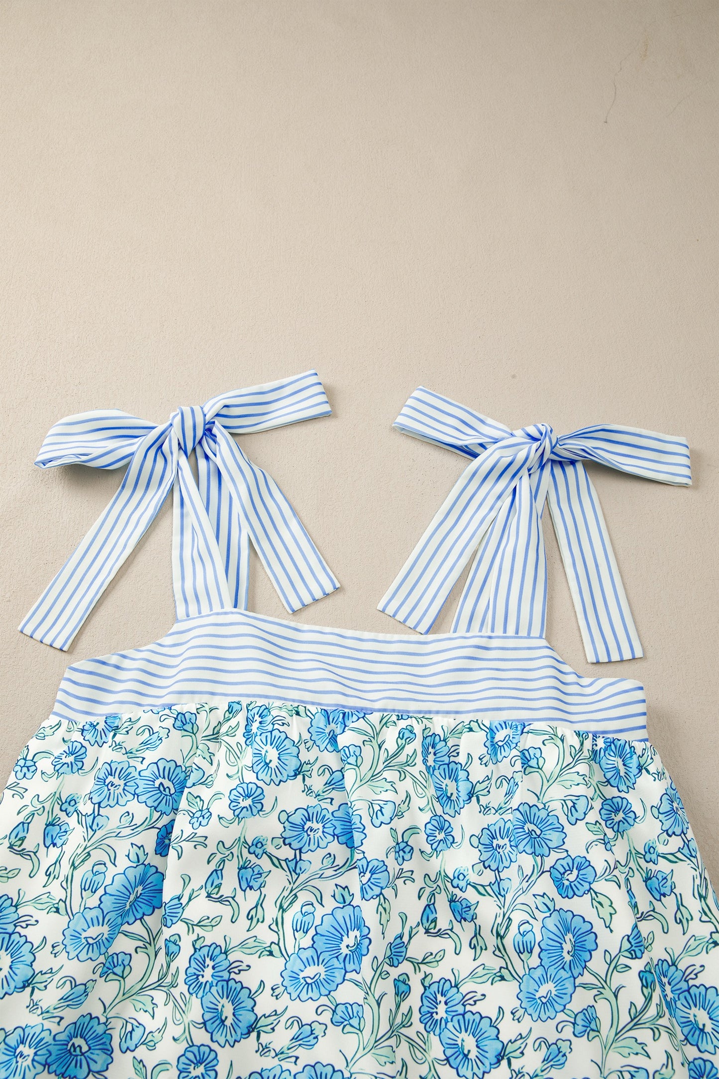 Blue Floral Print Striped Patchwork Bow Knot Straps Dress