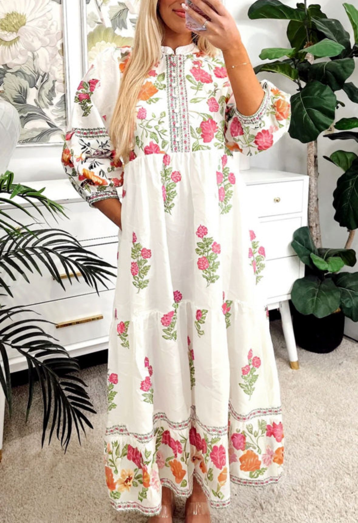 White Floral Loose Tiered Maxi Dress