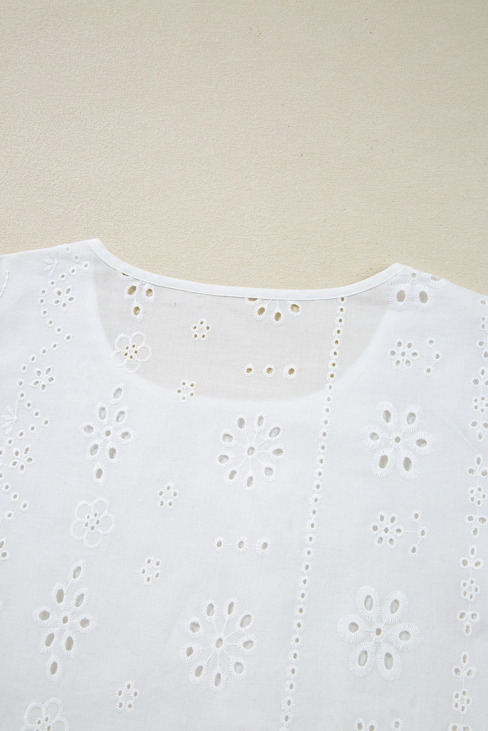 White Eyelet Embroidered Smocked Cuff Blouse