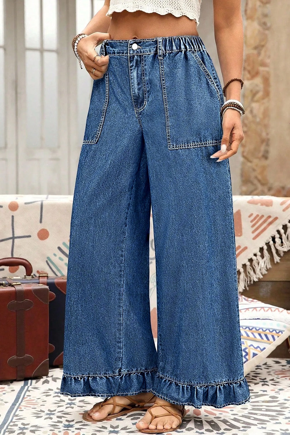 Medium Wash Plus Size Elastic Waist Ruffled Wide Leg Denim Pants
