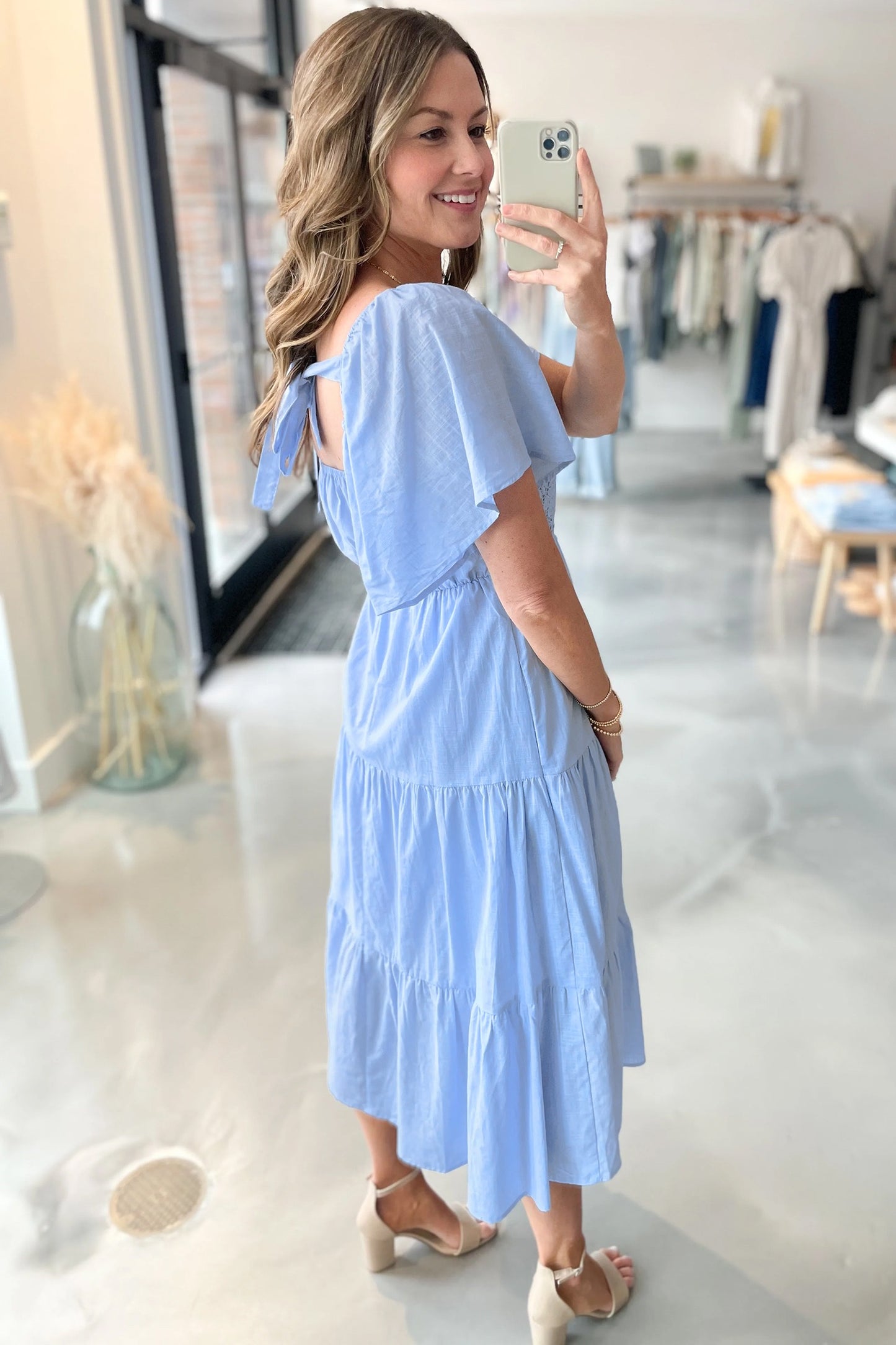 Blue Flowy Short Sleeve Lace Detail Square Neck Tiered Midi Dress