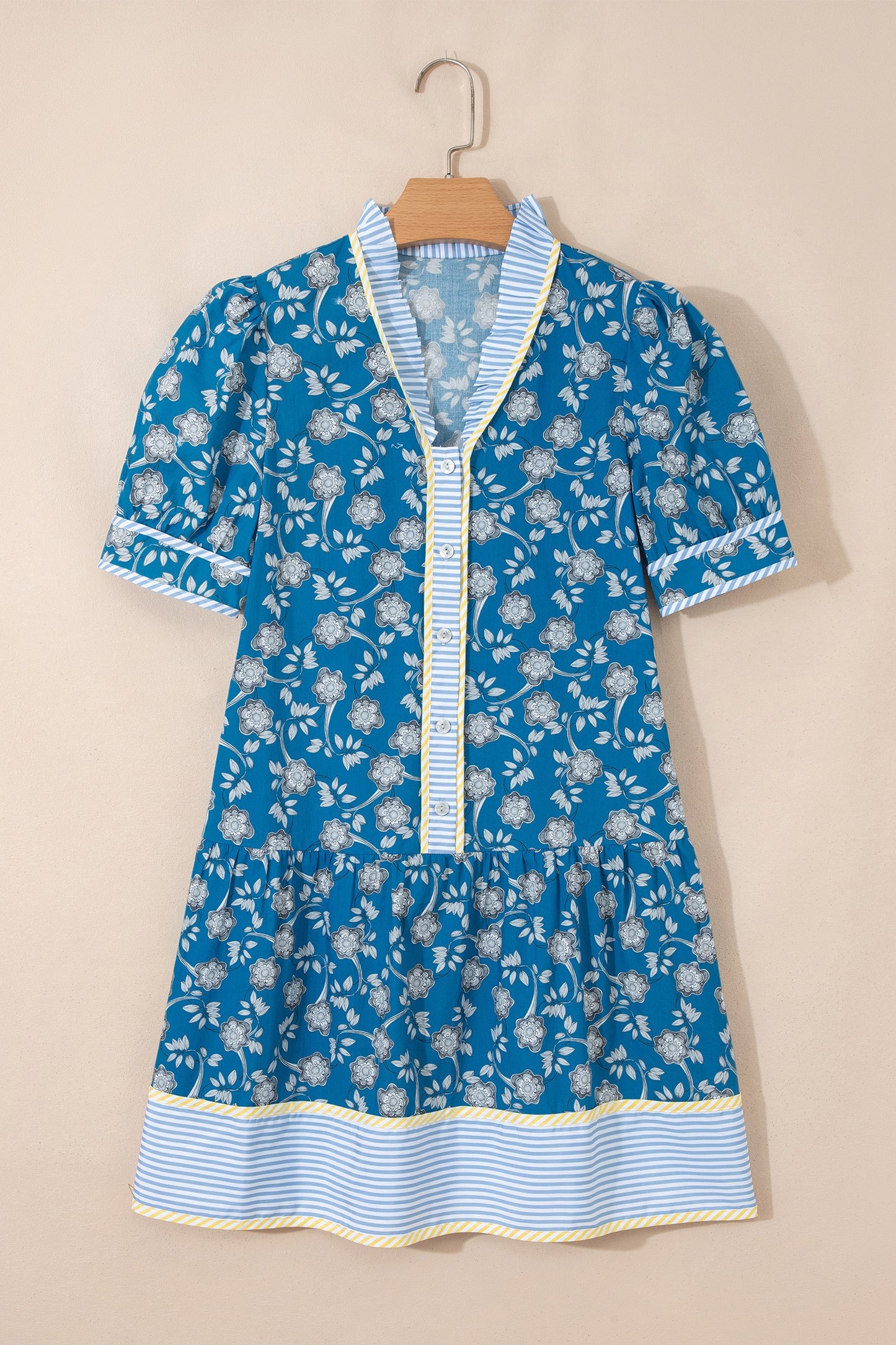 Blue Striped Trim Short Sleeve Floral Dress