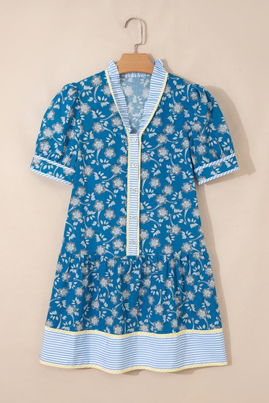 Blue Striped Trim Short Sleeve Floral Dress