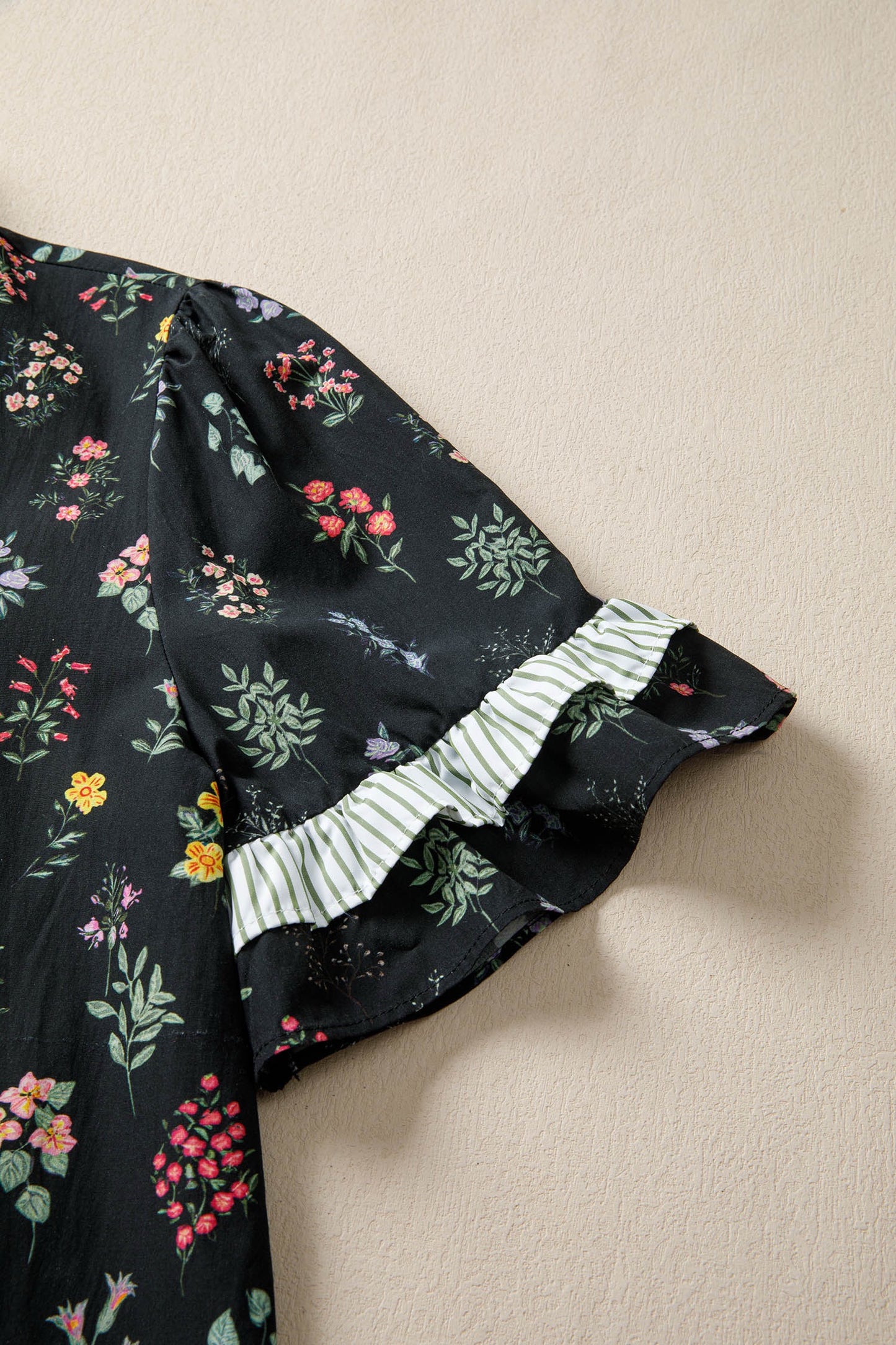 Black Floral Stripe Frill Trim Top