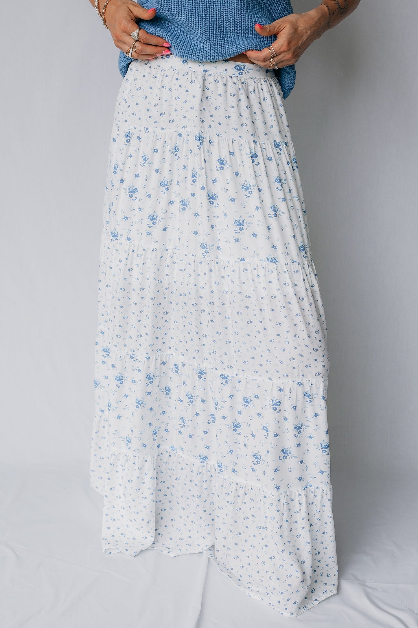 Blue High Waist Tiny Floral Print Boho Maxi Skirt