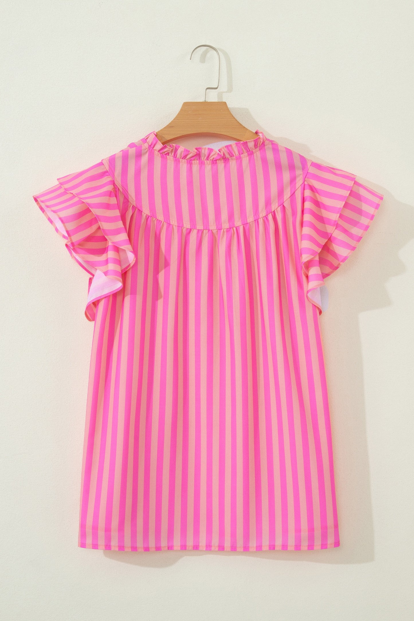 Pink Stripe Split Neck Ruffled Summer Top
