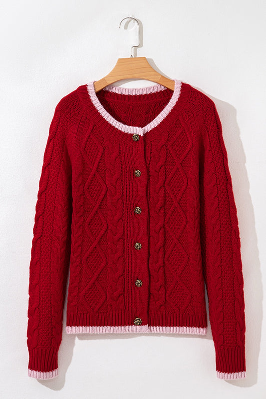 Red Color Contrast Edge Cable Knit Buttoned Cardigan