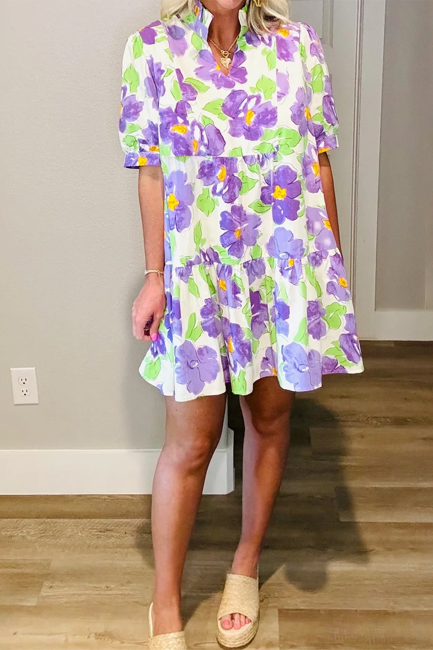 Purple Floral Short Sleeve Tiered Dress