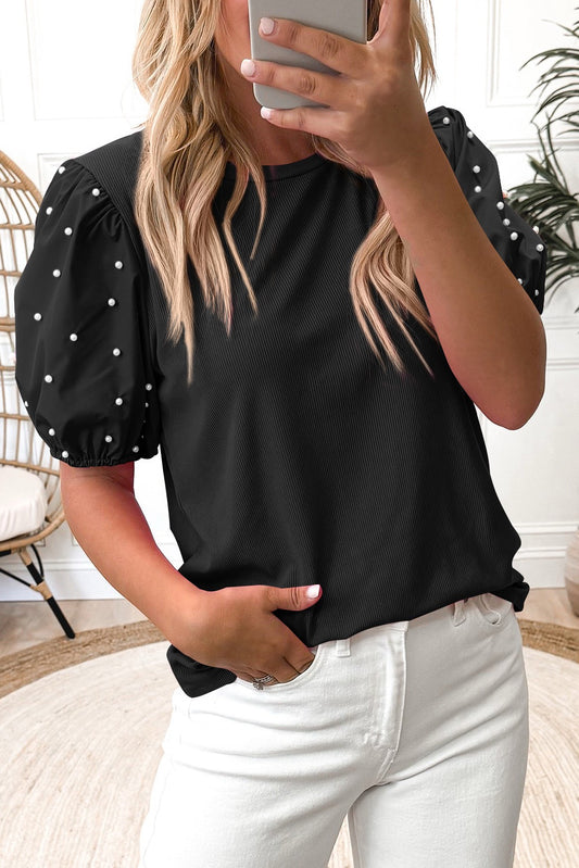 Black Pearled Puff Sleeve Top