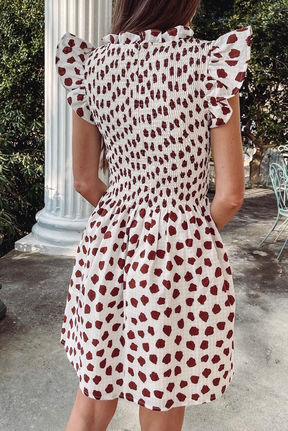 Abstract Brown Flutter Sleeve Dress