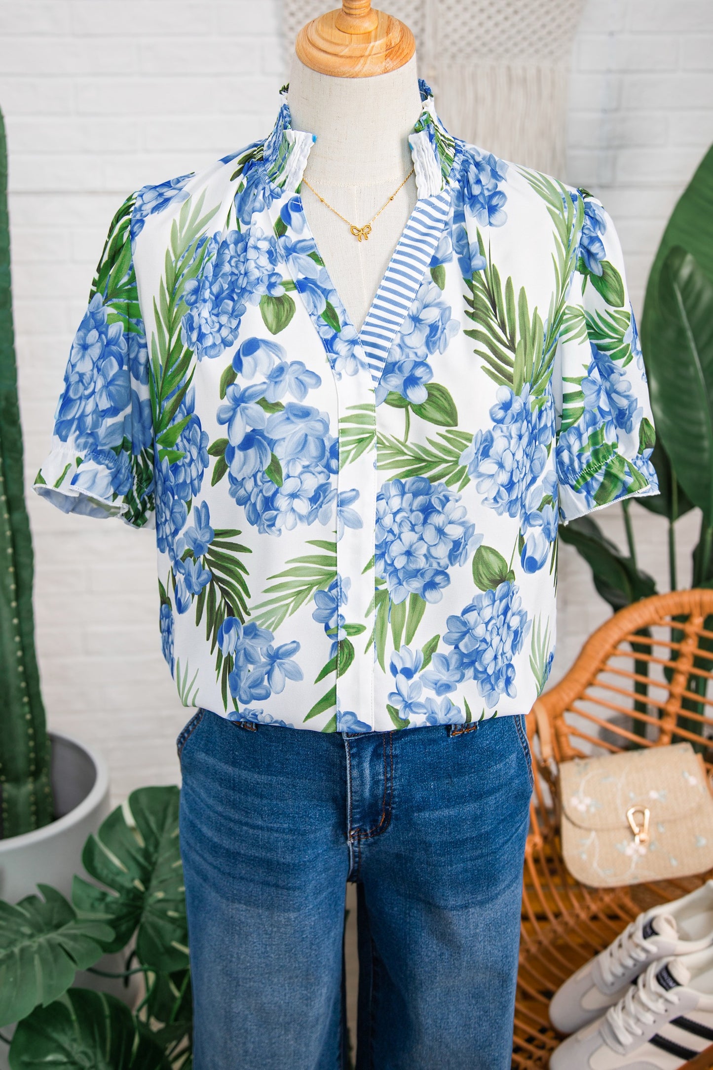 Blue Palm Floral Print Striped Patchwork V Neck Short Sleeve Top