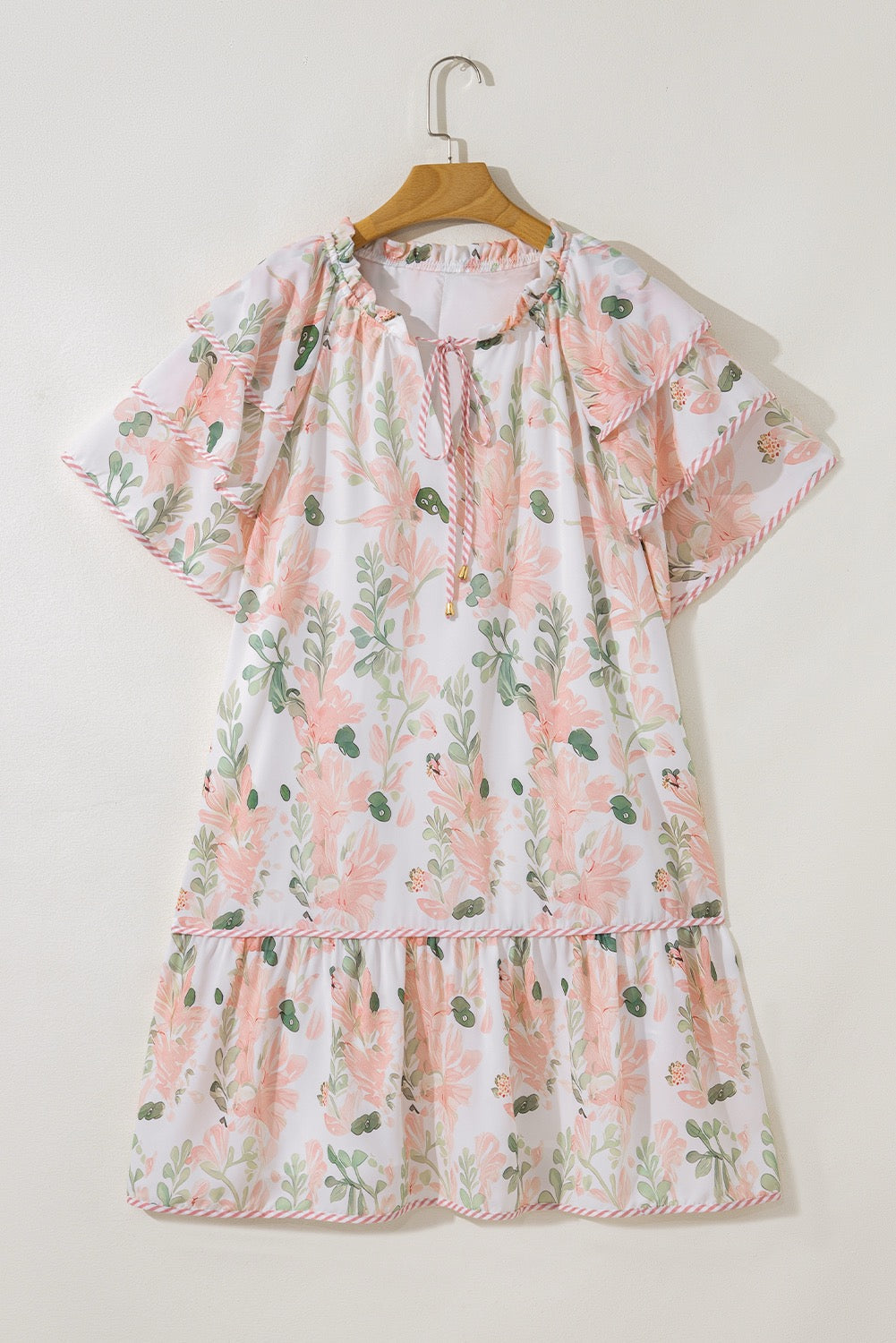 Pink Plus Size Floral Print Striped Detail Short Summer Dress