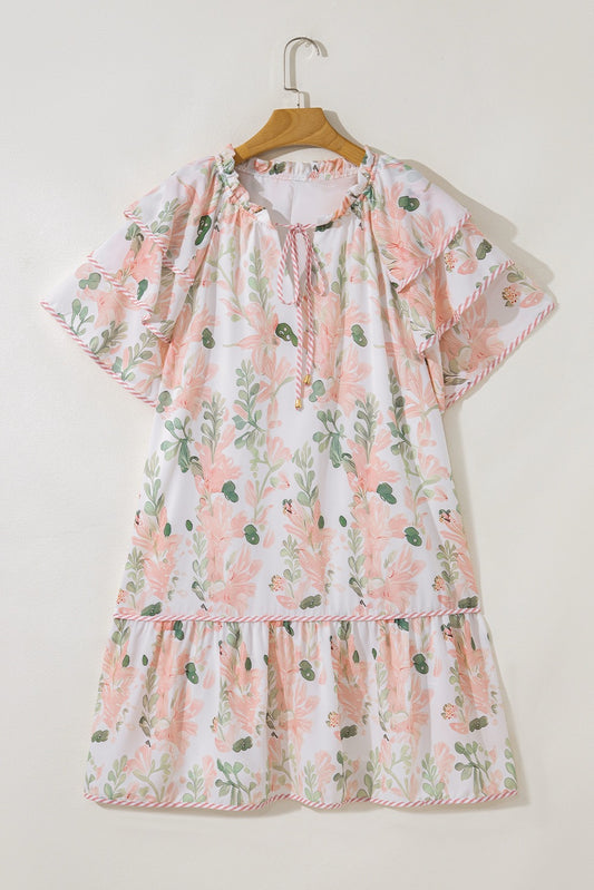 Pink Plus Size Floral Print Striped Detail Short Summer Dress