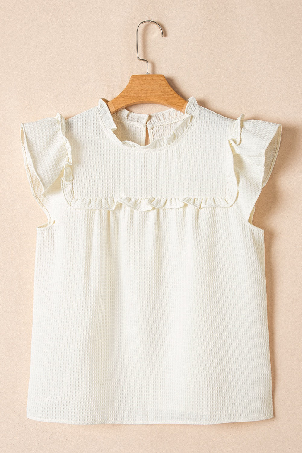White Ruffle Trim Waffle Knit Blouse