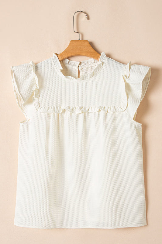 White Ruffle Trim Waffle Knit Blouse
