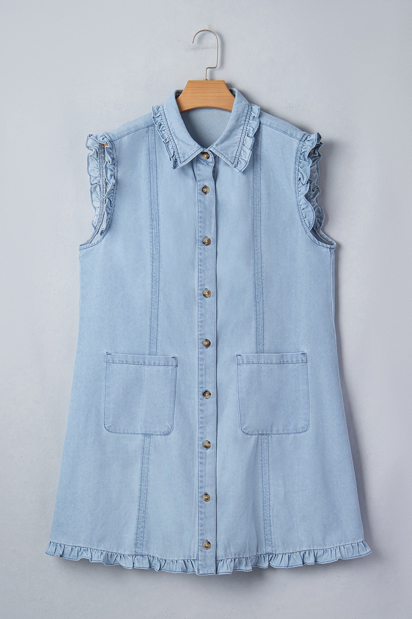 Light Wash Ruffled Edge Collared Shift Denim Dress with Pockets