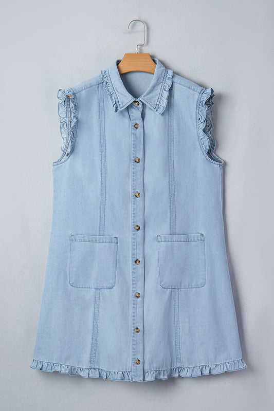 Light Wash Ruffled Edge Collared Shift Denim Dress with Pockets