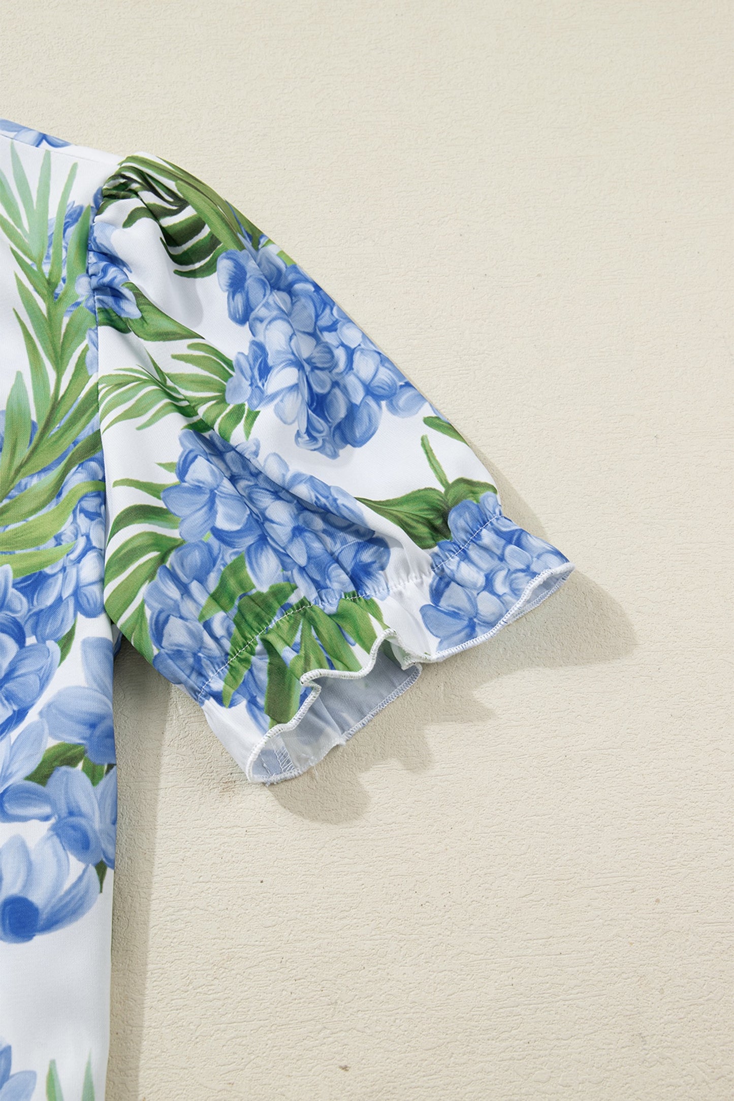 Blue Palm Floral Print Striped Patchwork V Neck Short Sleeve Top