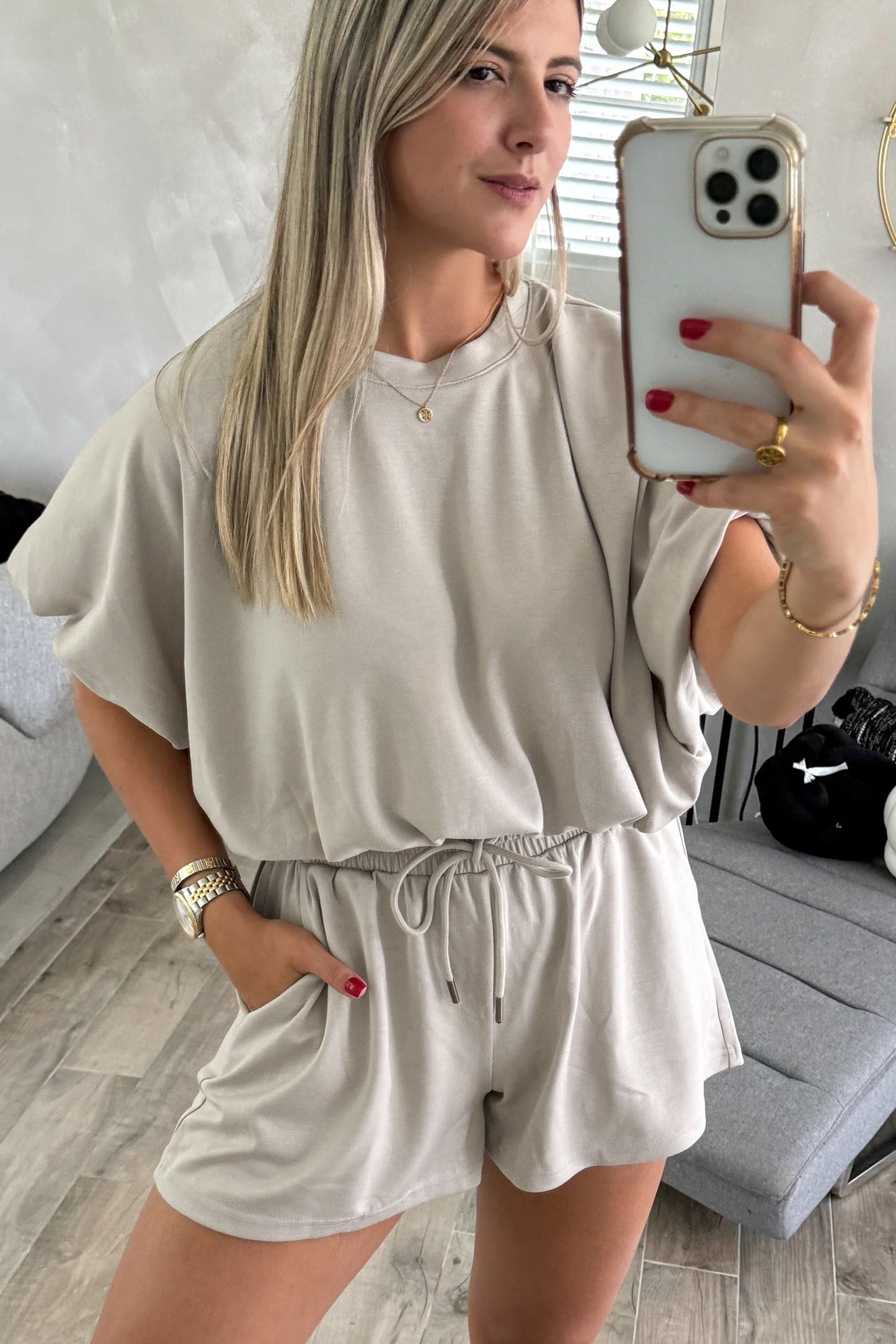 Smoke Gray Solid Color Puffy Loose Top Drawstring Shorts 2pcs Set