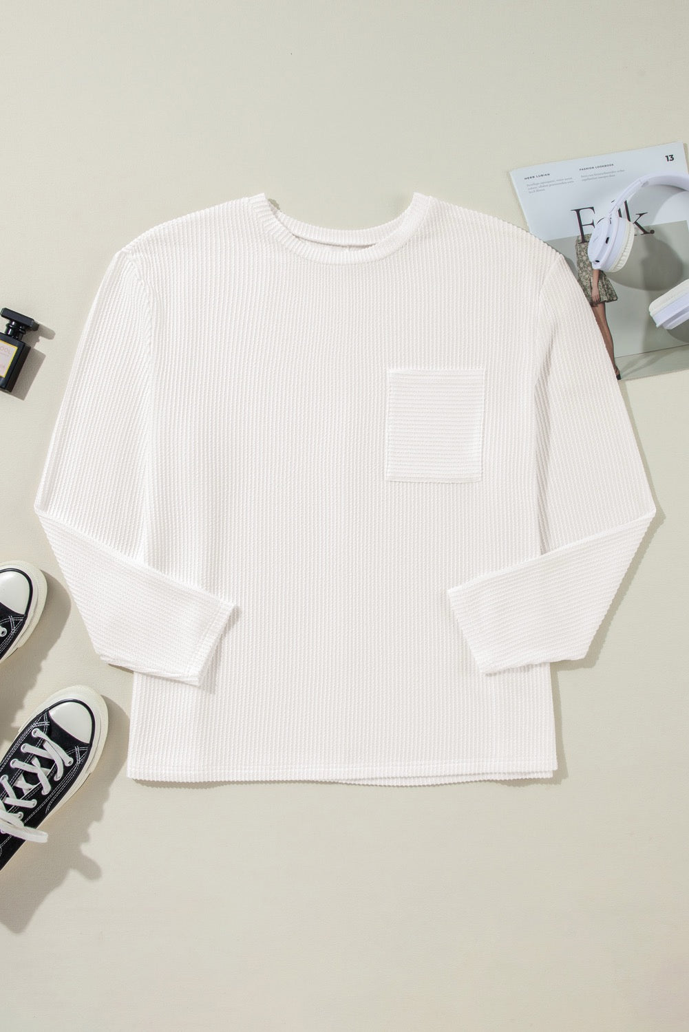 White Ribbed Long Sleeve Top