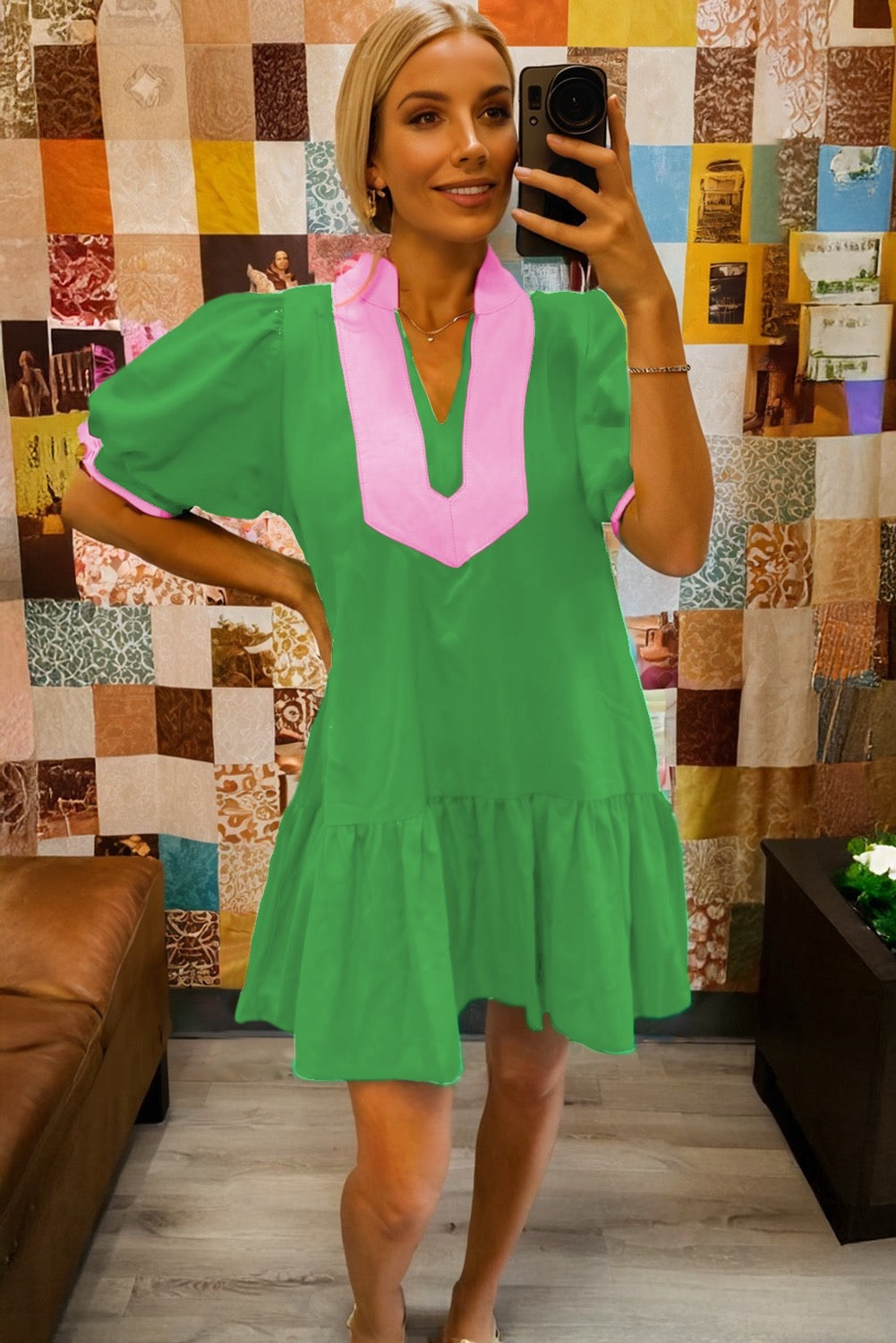 Bright Green Color Block Detail Split Neck Short Puff Sleeve Ruffle Hem Dress