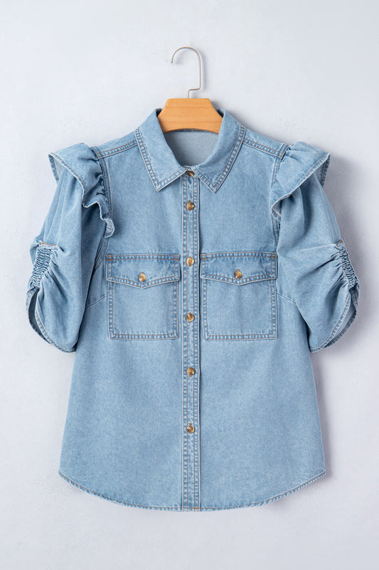 Ruffle Detail Short Puff Sleeve Button Down Flap Pocket Denim Shirt