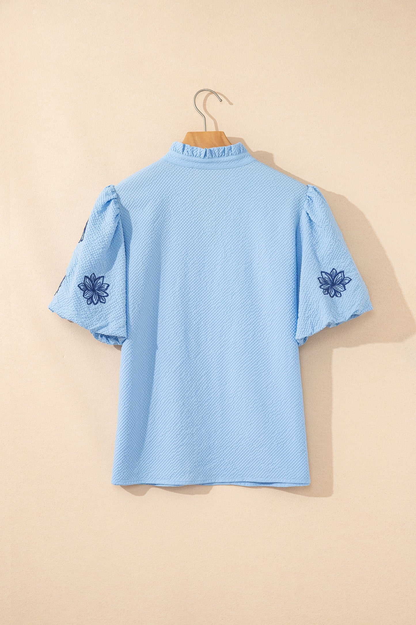 Flower Embroidered Puff Sleeve Split Neck Textured Blouse