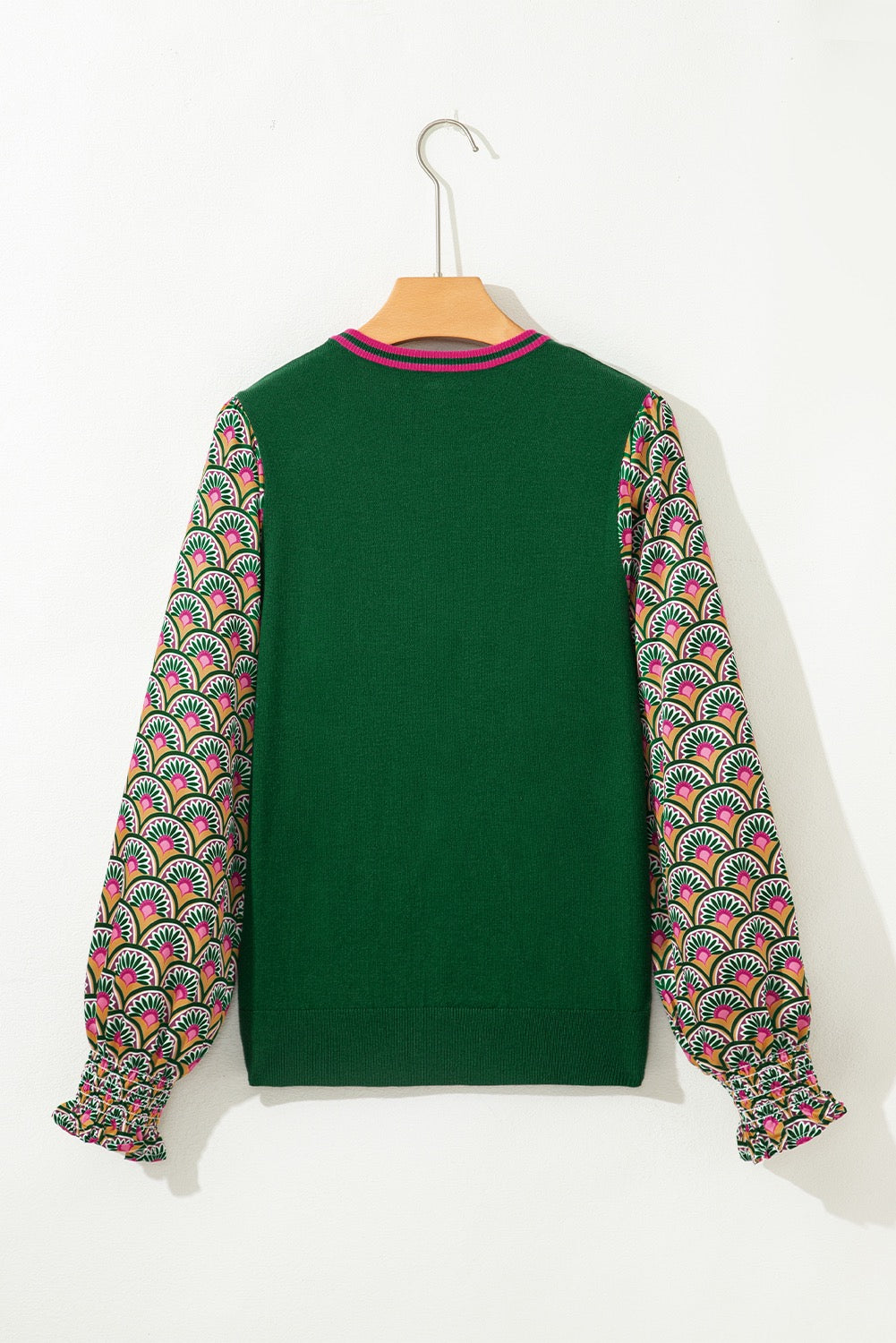 Green Floral Patchwork Shirred Cuff Puff Sleeve Sweater
