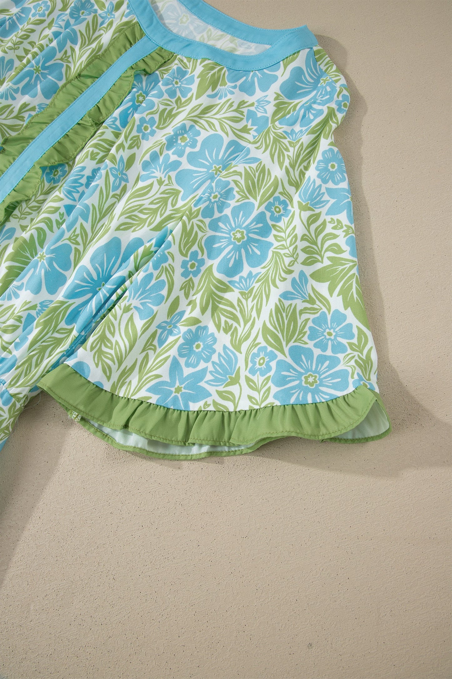 Blue Floral Print High Waist Ruffle Short Sleeve Mini Dress