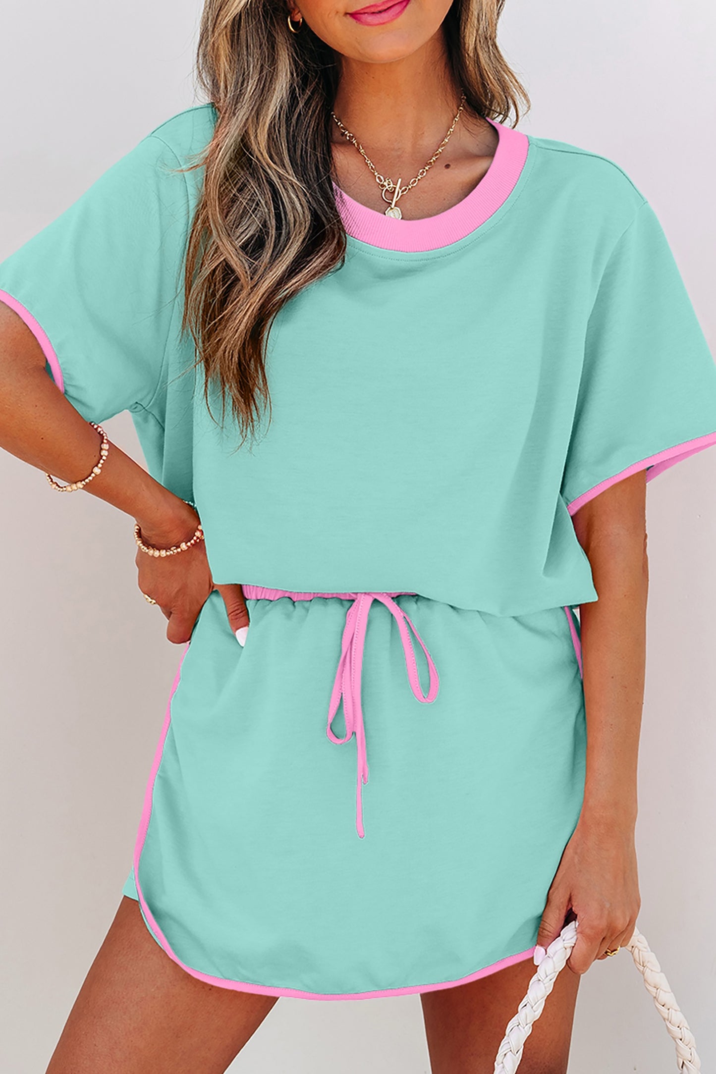 Jade Colorblock Edge Drop Shoulder T Shirt and Skort 2Pcs Set