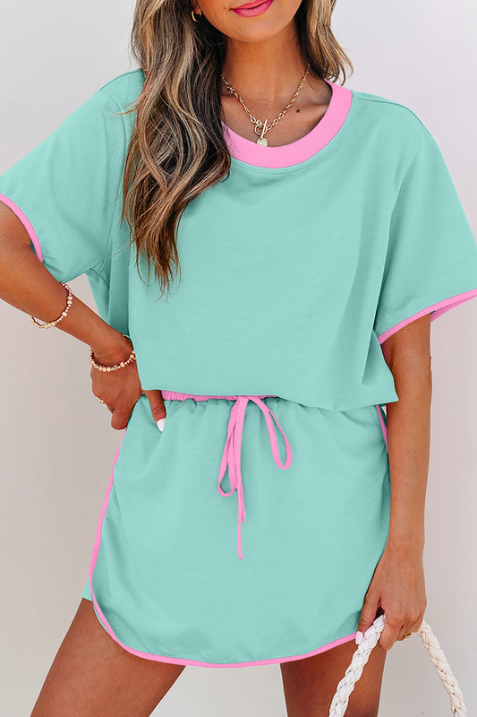 Jade Colorblock Edge Drop Shoulder T Shirt and Skort 2Pcs Set