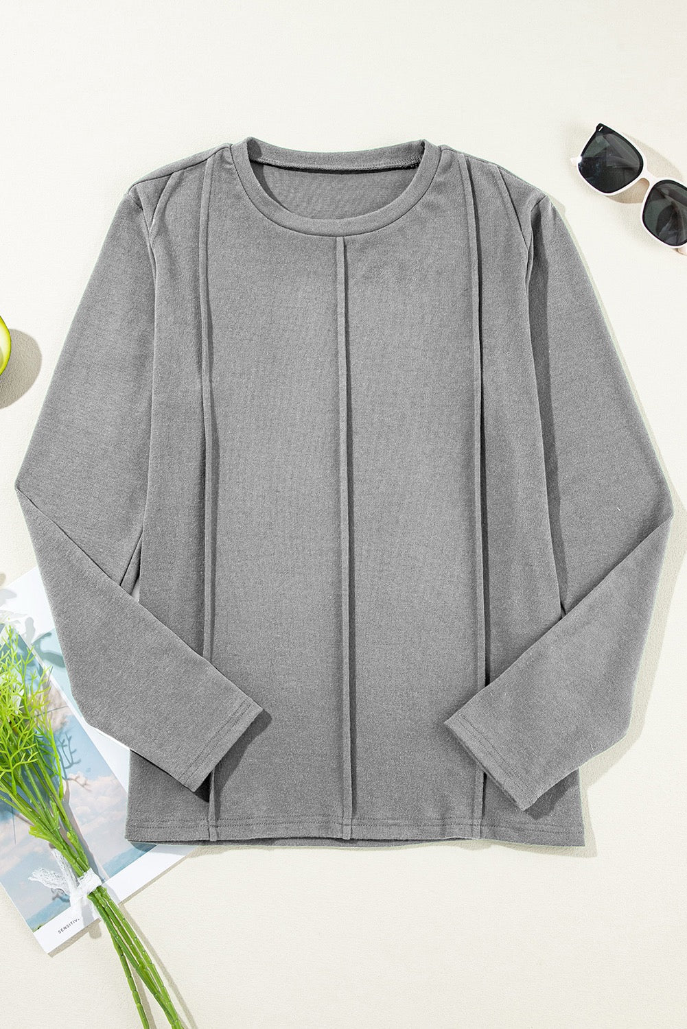 Gray Solid Exposed Seam Crew Neck Long Sleeve Top