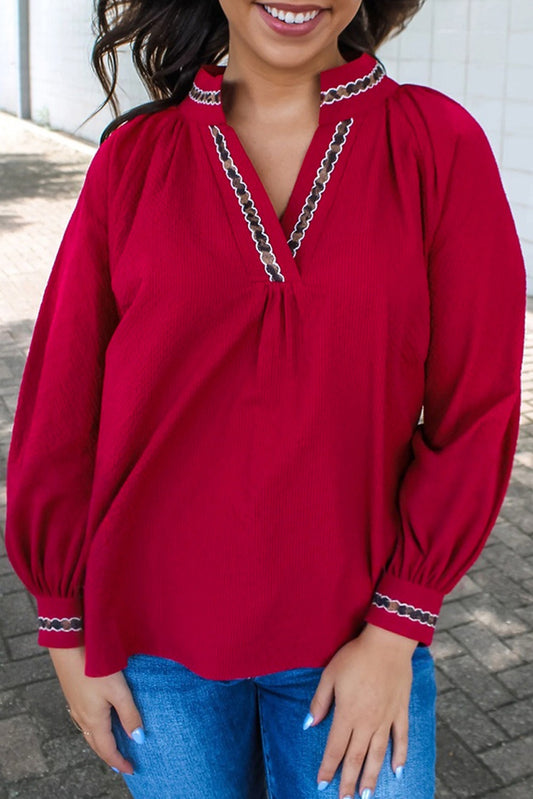 Red Leopard Jacquard Print V Neck Textured Blouse