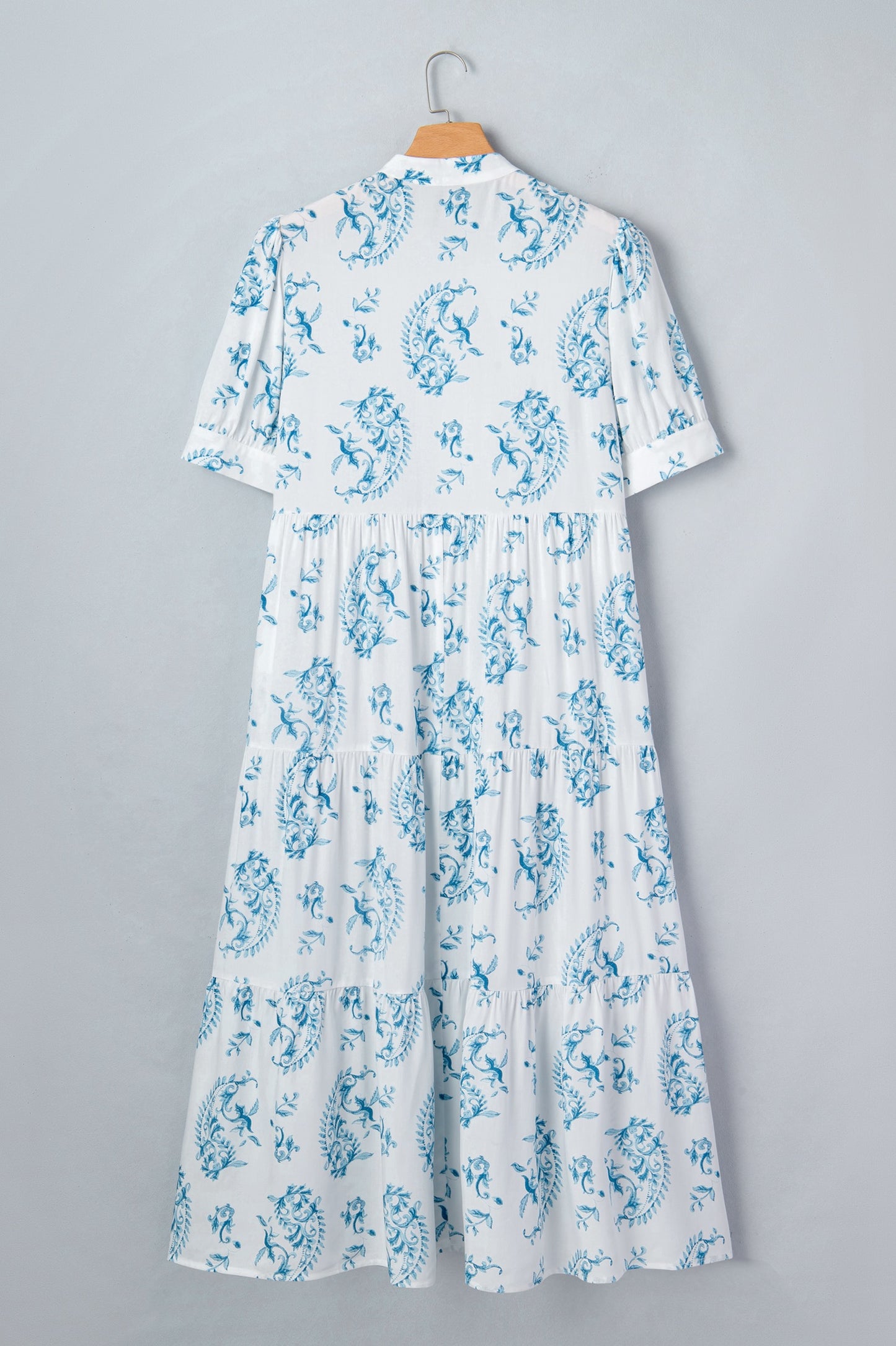 Sky Blue Plus Size Geometric Floral Print Button Split Neck Short Sleeve Maxi Dress (ships mid April)