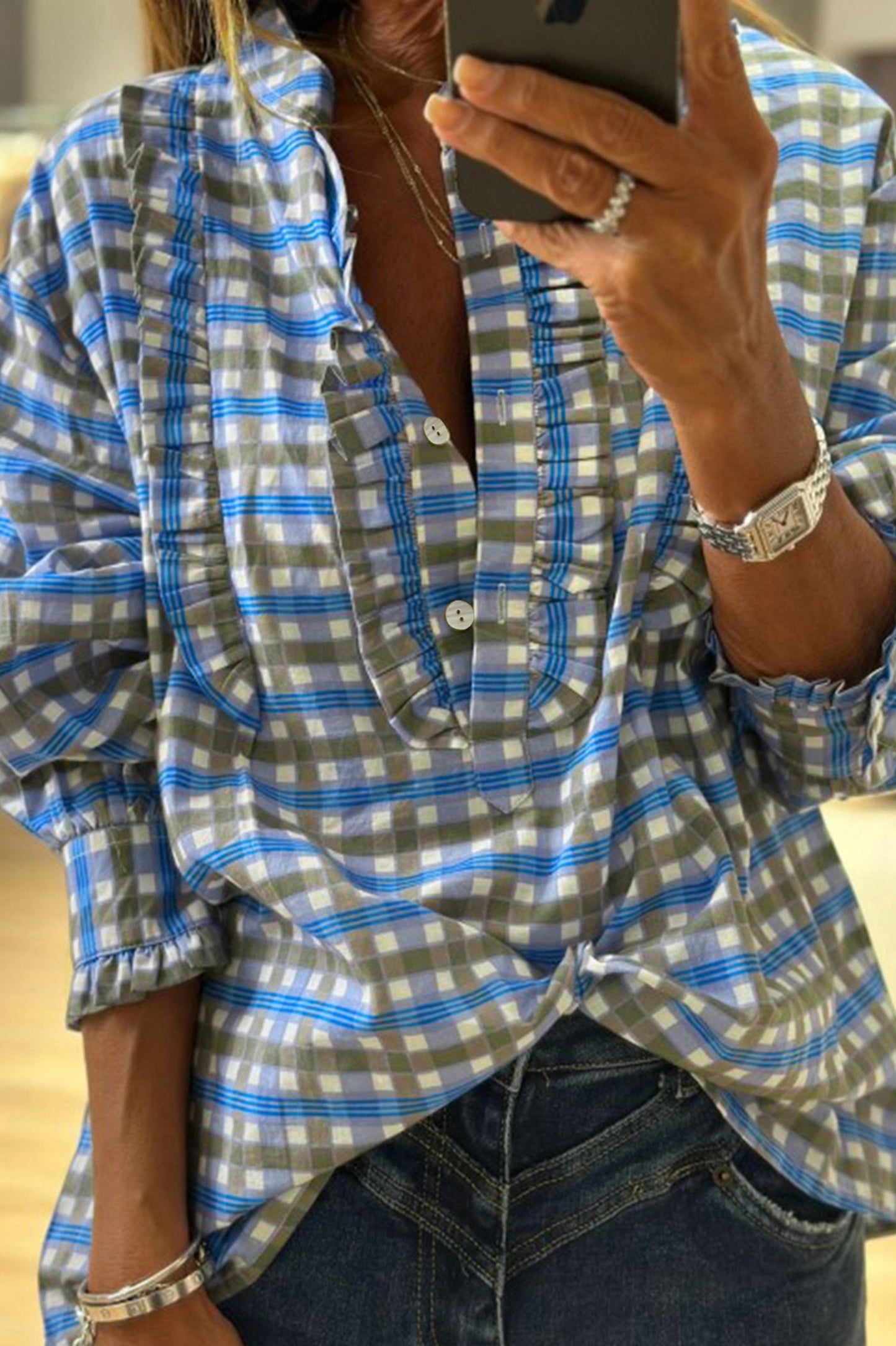 Blue Plaid Long Sleeve Top