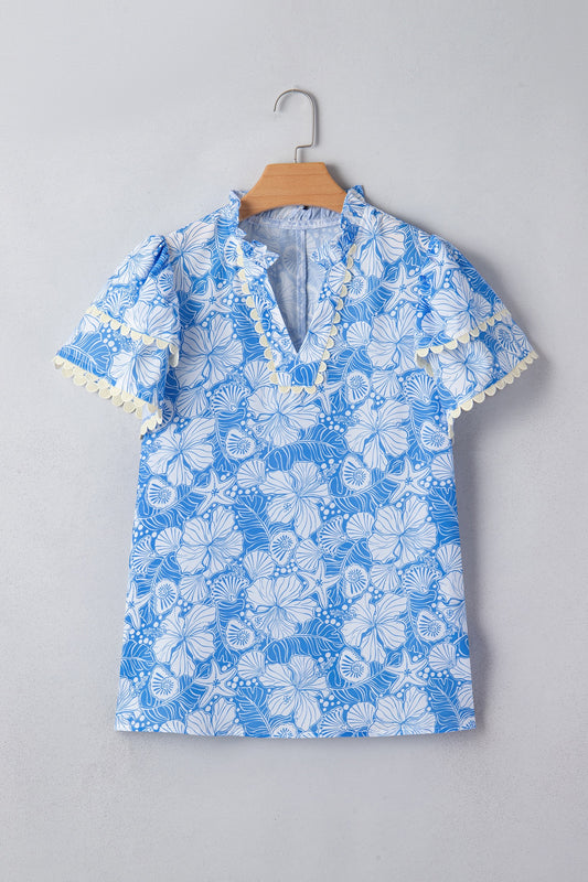 Blue Floral Print Scalloped Trim V Neck Short Sleeve Blouse