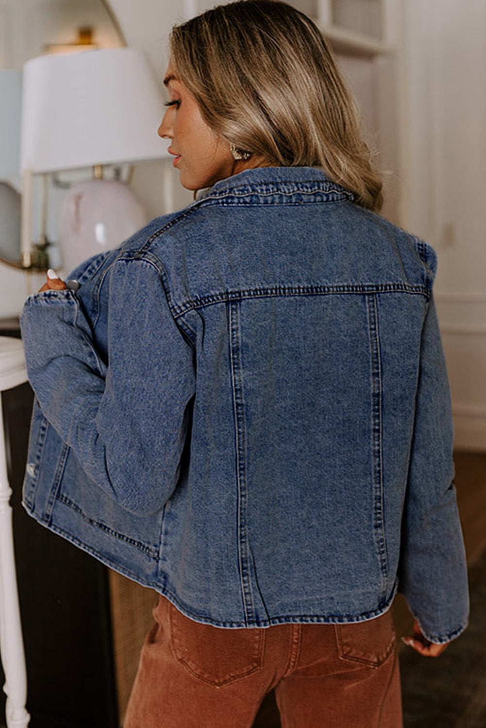 Scallop Trim, Button Up Denim Jacket, Dark Wash